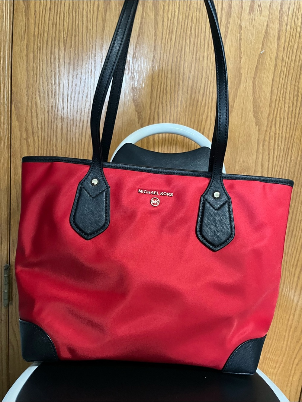 Michael Kors Red Nylon Tote with Black Leather Trim